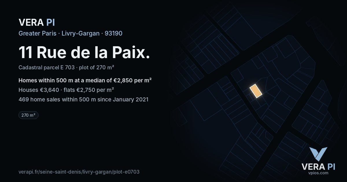 11 Rue de la Paix, Livry-Gargan at night – the plot lit, the parcels around coloured by the prices near them