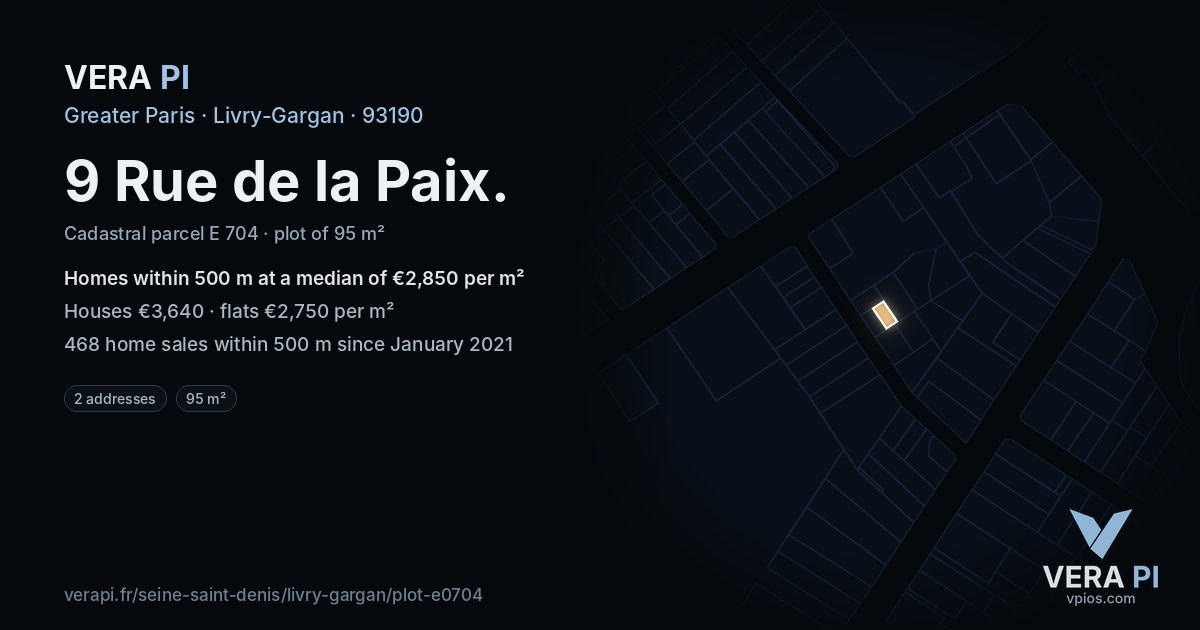 9 Rue de la Paix, Livry-Gargan at night – the plot lit, the parcels around coloured by the prices near them