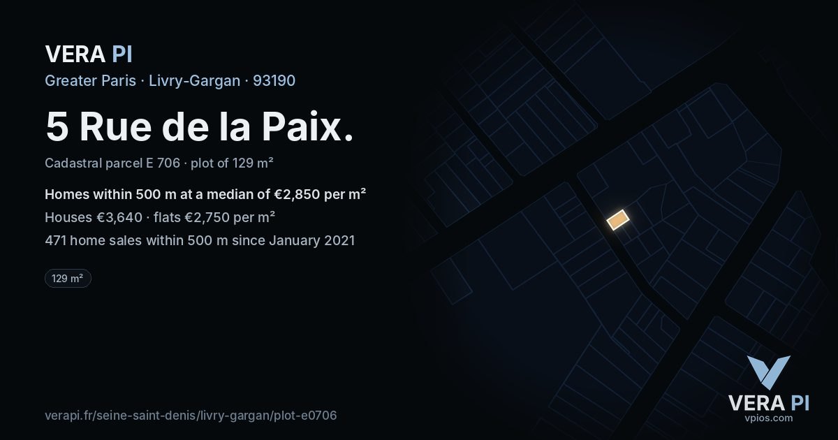 5 Rue de la Paix, Livry-Gargan at night – the plot lit, the parcels around coloured by the prices near them
