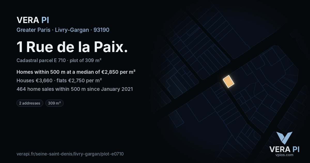 1 Rue de la Paix, Livry-Gargan at night – the plot lit, the parcels around coloured by the prices near them