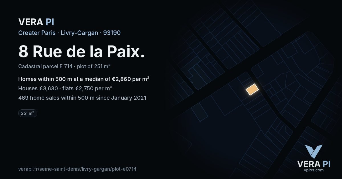 8 Rue de la Paix, Livry-Gargan at night – the plot lit, the parcels around coloured by the prices near them