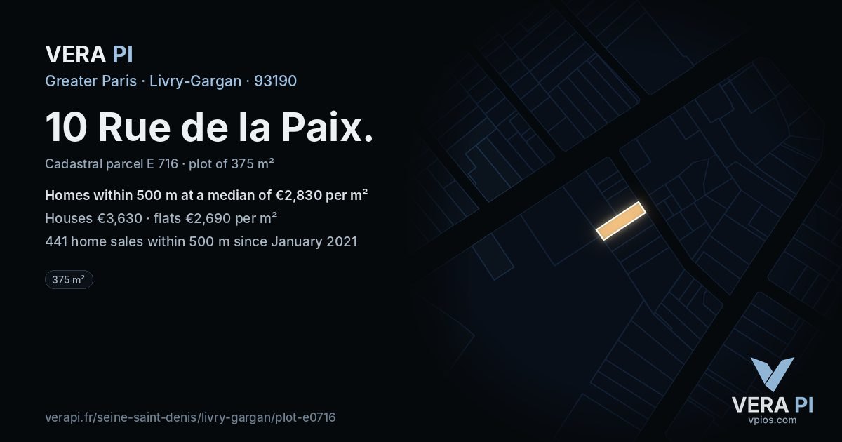 10 Rue de la Paix, Livry-Gargan at night – the plot lit, the parcels around coloured by the prices near them