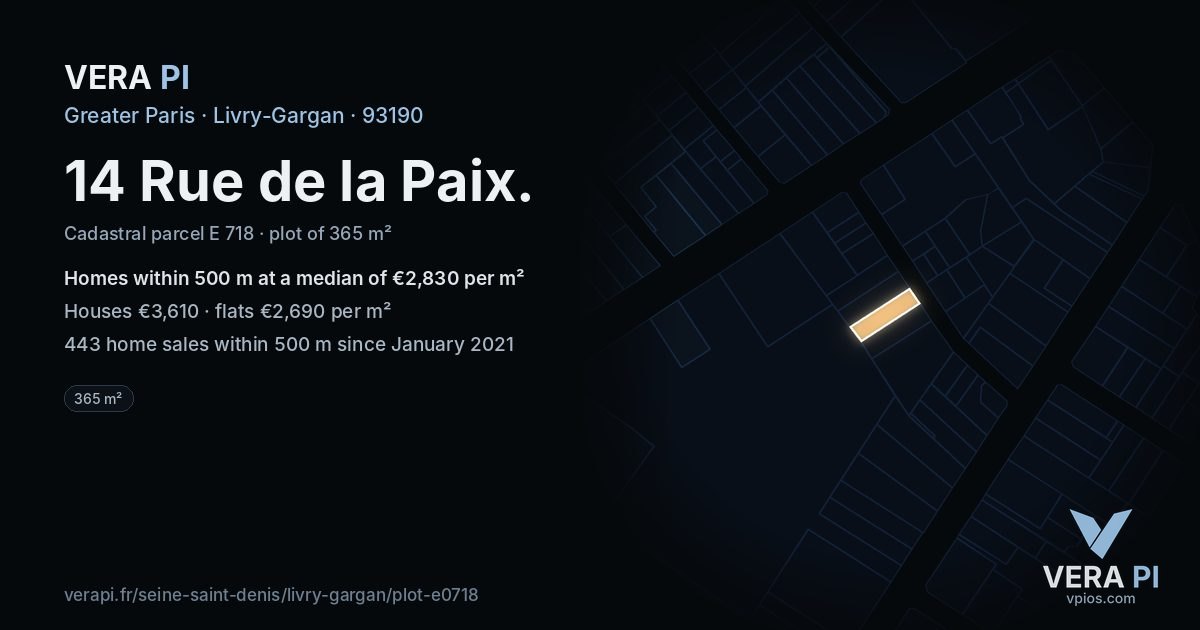 14 Rue de la Paix, Livry-Gargan at night – the plot lit, the parcels around coloured by the prices near them
