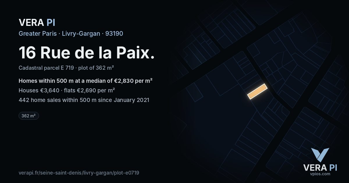 16 Rue de la Paix, Livry-Gargan at night – the plot lit, the parcels around coloured by the prices near them