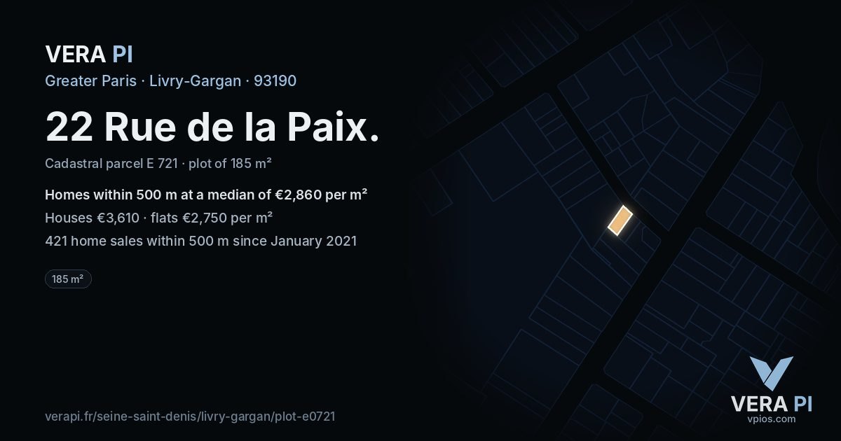 22 Rue de la Paix, Livry-Gargan at night – the plot lit, the parcels around coloured by the prices near them