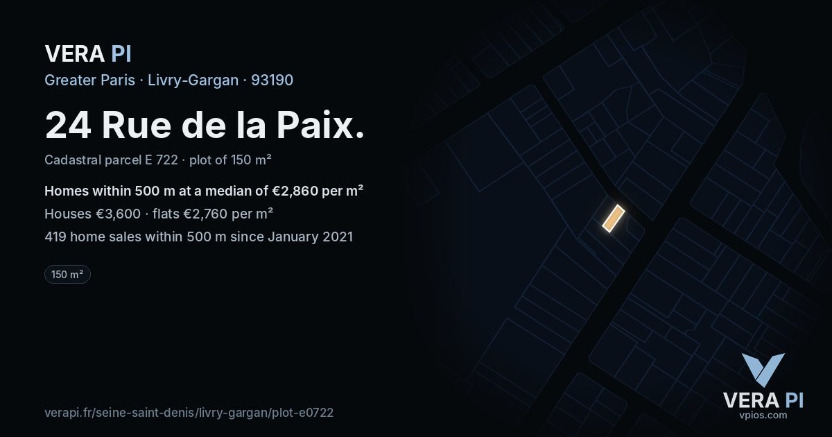 24 Rue de la Paix, Livry-Gargan at night – the plot lit, the parcels around coloured by the prices near them