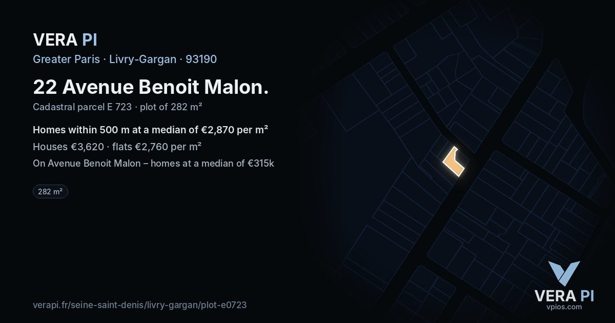 22 Avenue Benoit Malon, Livry-Gargan at night – the plot lit, the parcels around coloured by the prices near them