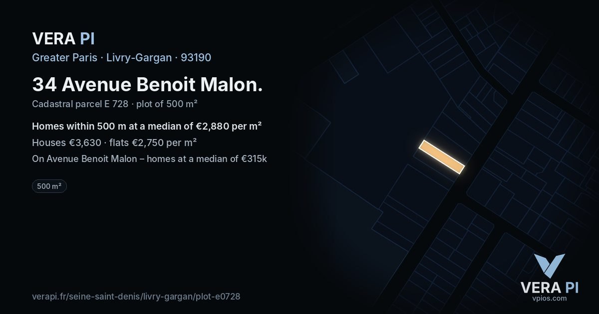 34 Avenue Benoit Malon, Livry-Gargan at night – the plot lit, the parcels around coloured by the prices near them