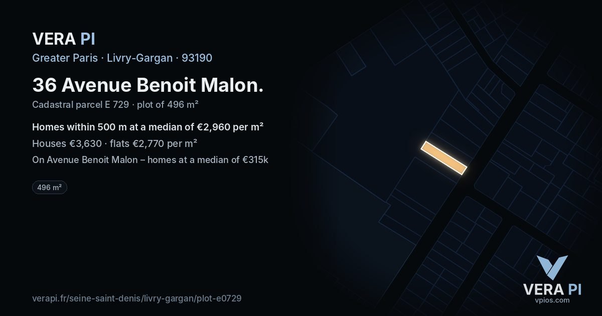 36 Avenue Benoit Malon, Livry-Gargan at night – the plot lit, the parcels around coloured by the prices near them