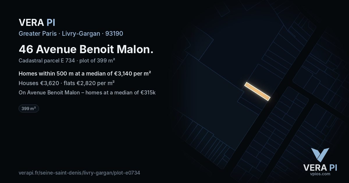 46 Avenue Benoit Malon, Livry-Gargan at night – the plot lit, the parcels around coloured by the prices near them