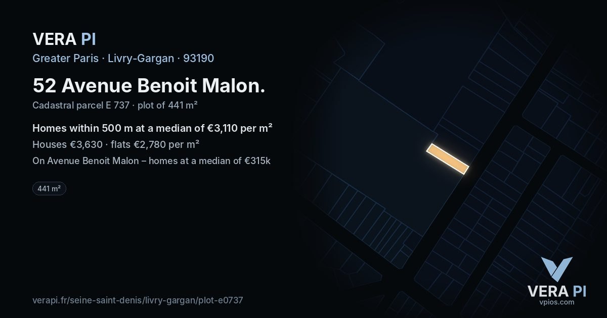 52 Avenue Benoit Malon, Livry-Gargan at night – the plot lit, the parcels around coloured by the prices near them