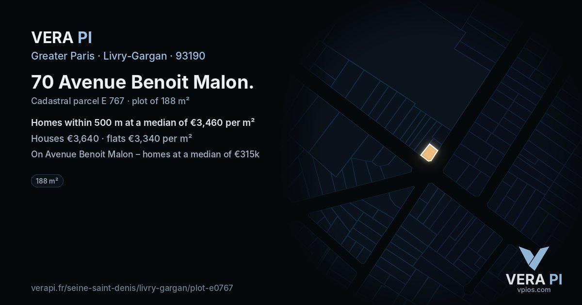 70 Avenue Benoit Malon, Livry-Gargan at night – the plot lit, the parcels around coloured by the prices near them