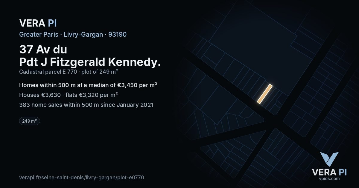 37 Av du Pdt J Fitzgerald Kennedy, Livry-Gargan at night – the plot lit, the parcels around coloured by the prices near them