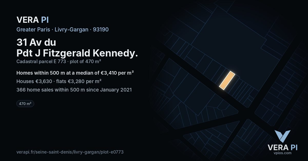 31 Av du Pdt J Fitzgerald Kennedy, Livry-Gargan at night – the plot lit, the parcels around coloured by the prices near them