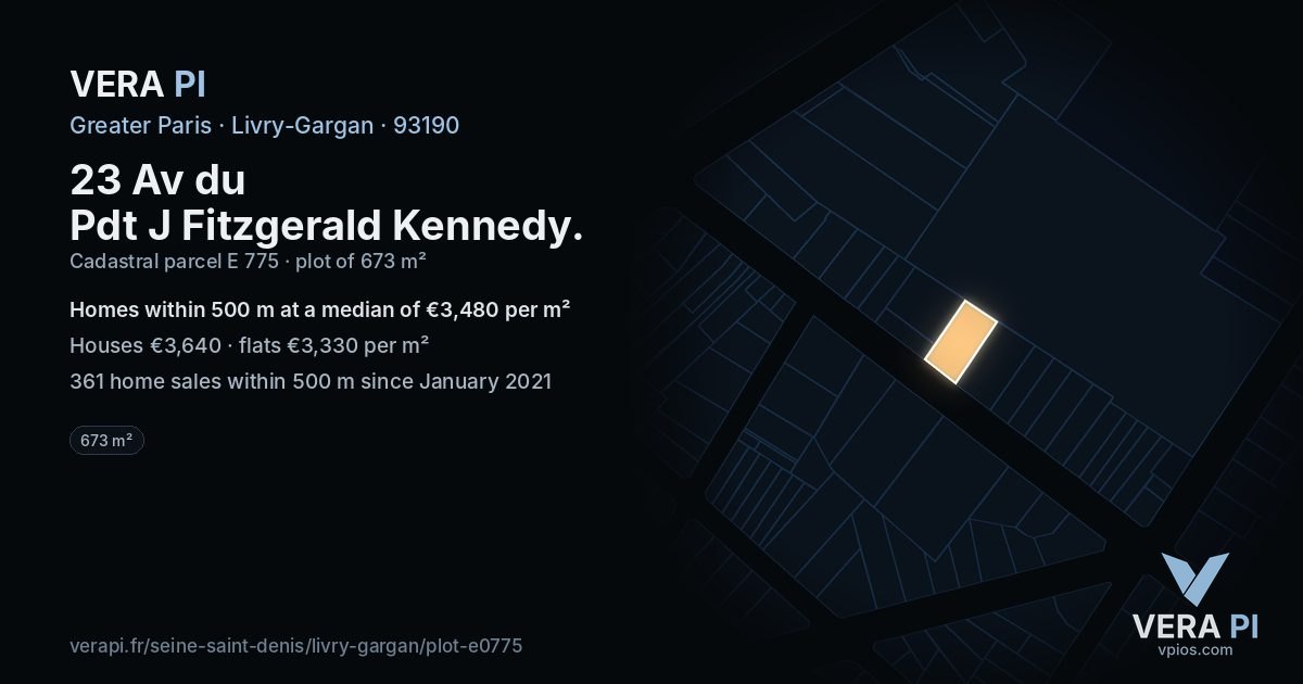 23 Av du Pdt J Fitzgerald Kennedy, Livry-Gargan at night – the plot lit, the parcels around coloured by the prices near them