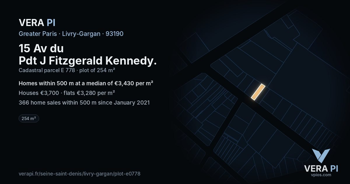 15 Av du Pdt J Fitzgerald Kennedy, Livry-Gargan at night – the plot lit, the parcels around coloured by the prices near them