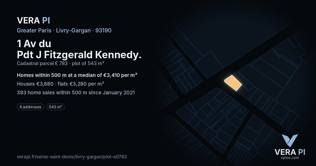 1 Av du Pdt J Fitzgerald Kennedy, Livry-Gargan at night – the plot lit, the parcels around coloured by the prices near them