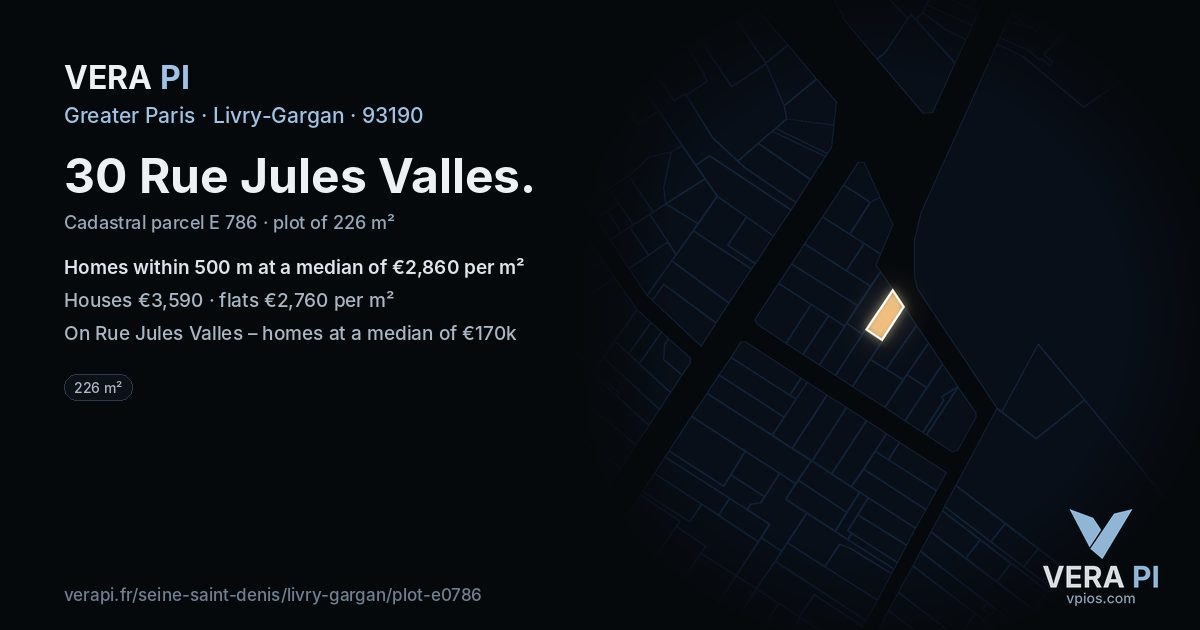 30 Rue Jules Valles, Livry-Gargan at night – the plot lit, the parcels around coloured by the prices near them
