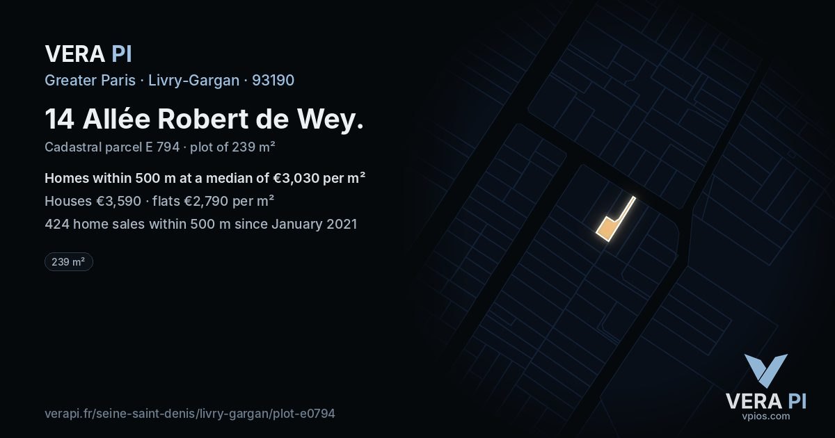 14 Allée Robert de Wey, Livry-Gargan at night – the plot lit, the parcels around coloured by the prices near them