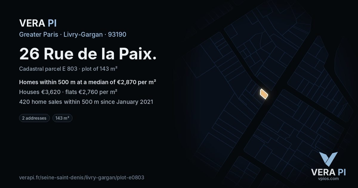 26 Rue de la Paix, Livry-Gargan at night – the plot lit, the parcels around coloured by the prices near them