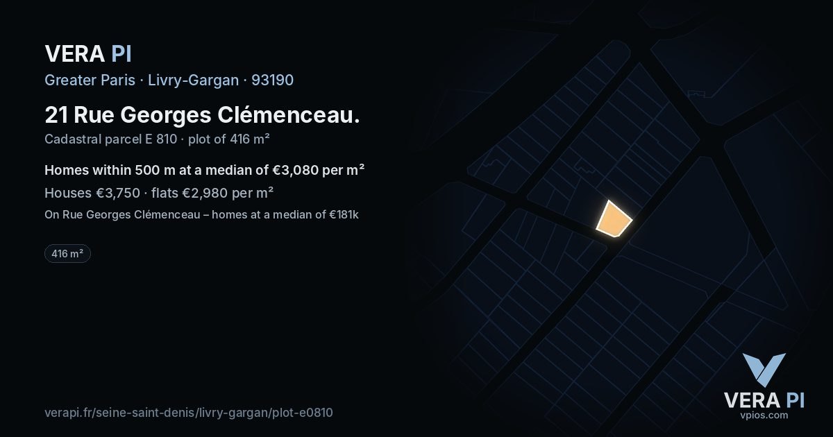 21 Rue Georges Clémenceau, Livry-Gargan at night – the plot lit, the parcels around coloured by the prices near them