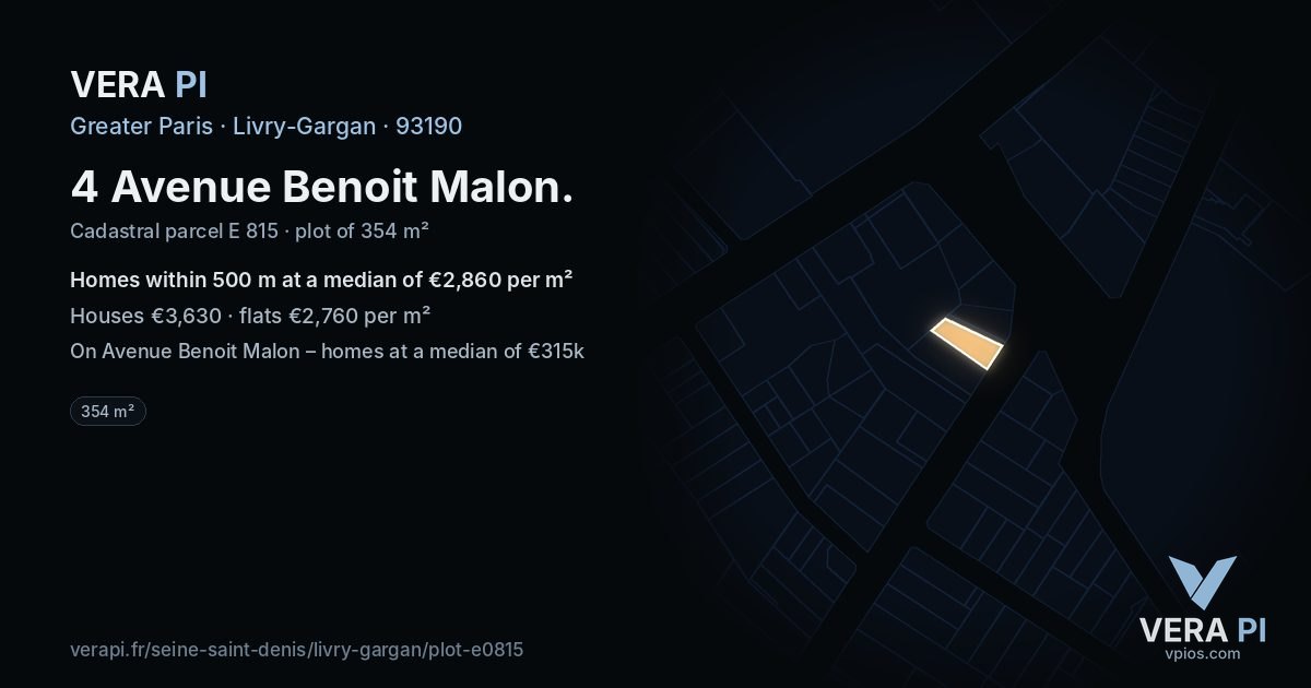 4 Avenue Benoit Malon, Livry-Gargan at night – the plot lit, the parcels around coloured by the prices near them