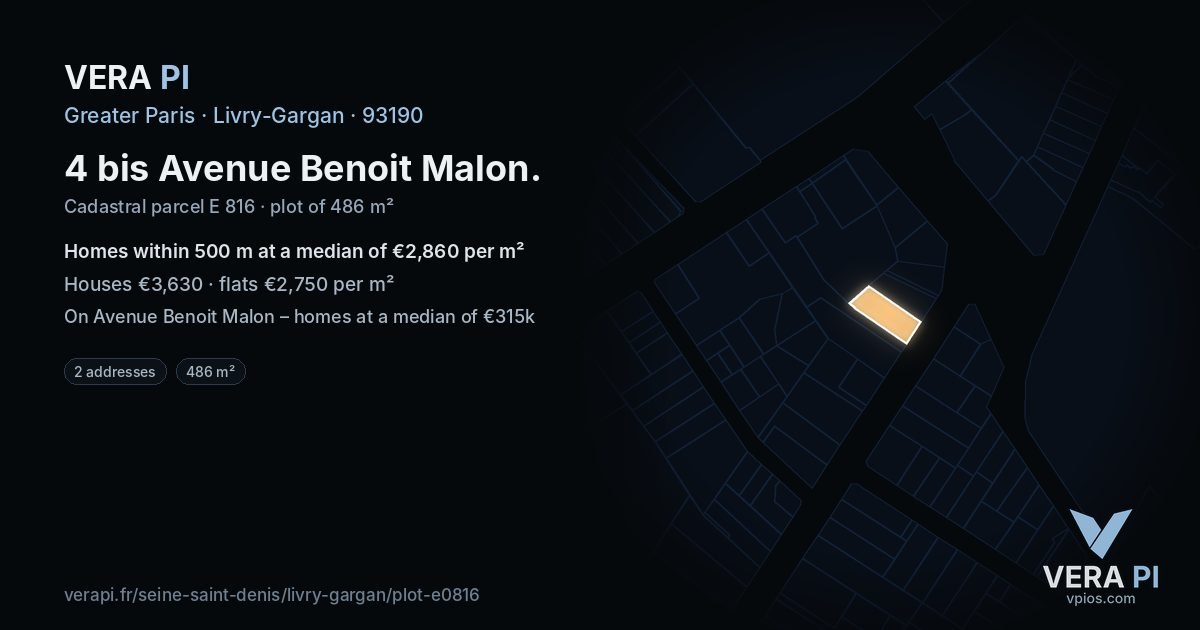 4 bis Avenue Benoit Malon, Livry-Gargan at night – the plot lit, the parcels around coloured by the prices near them