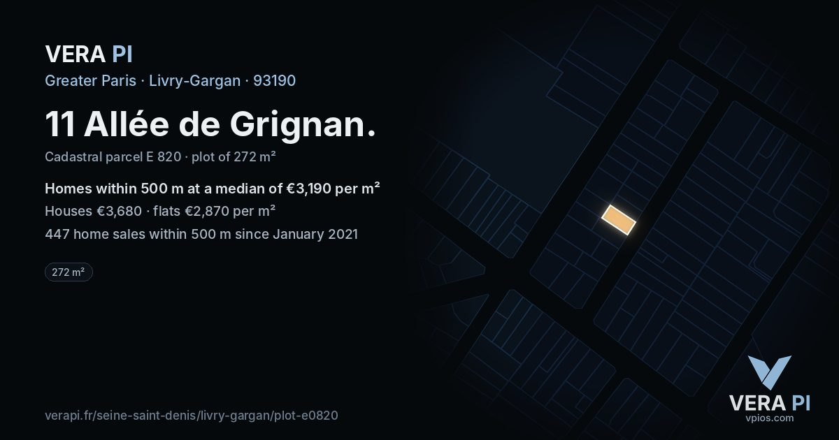 11 Allée de Grignan, Livry-Gargan at night – the plot lit, the parcels around coloured by the prices near them