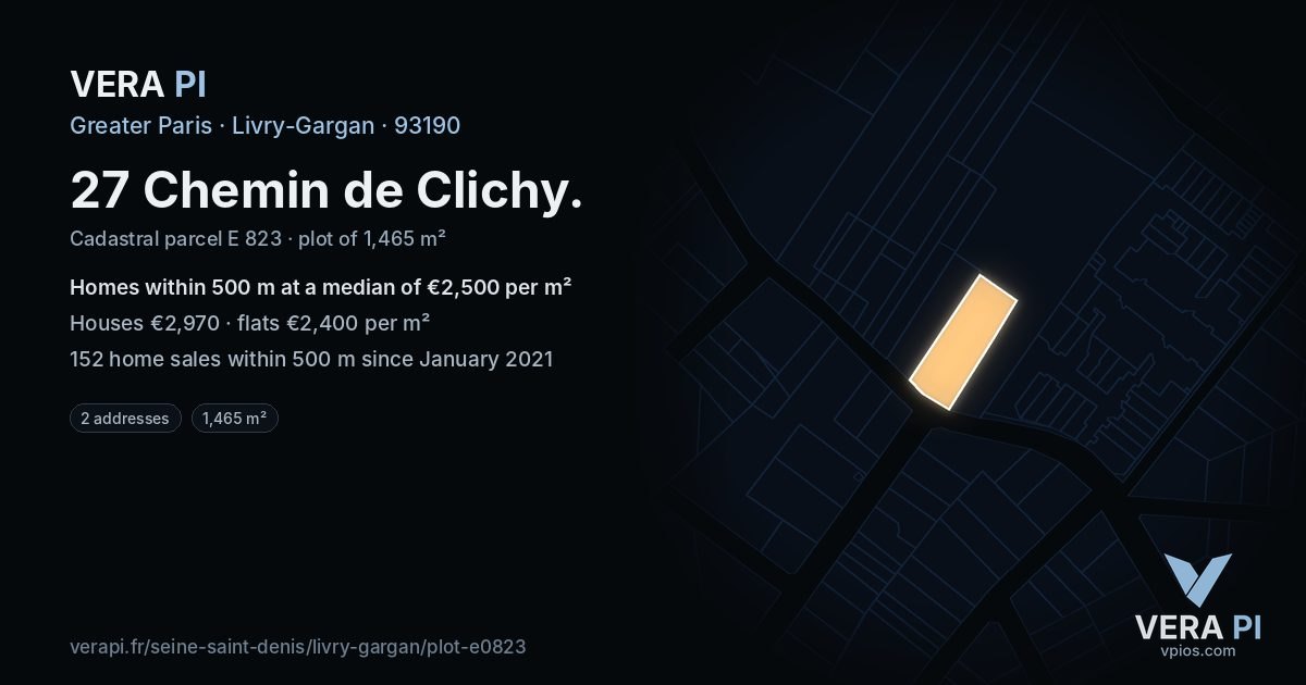 27 Chemin de Clichy, Livry-Gargan at night – the plot lit, the parcels around coloured by the prices near them
