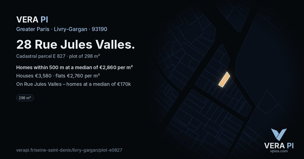 28 Rue Jules Valles, Livry-Gargan at night – the plot lit, the parcels around coloured by the prices near them