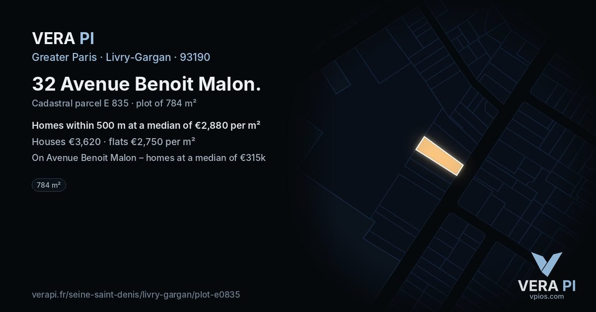 32 Avenue Benoit Malon, Livry-Gargan at night – the plot lit, the parcels around coloured by the prices near them