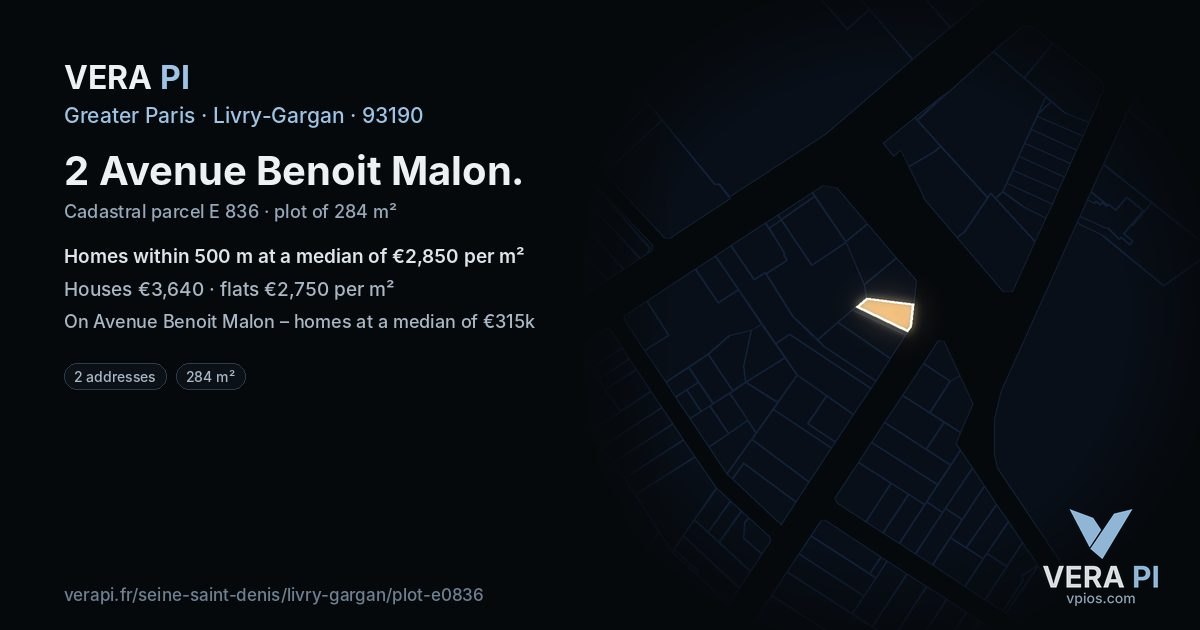 2 Avenue Benoit Malon, Livry-Gargan at night – the plot lit, the parcels around coloured by the prices near them