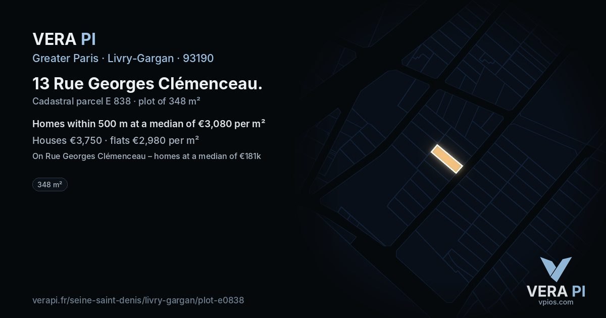 13 Rue Georges Clémenceau, Livry-Gargan at night – the plot lit, the parcels around coloured by the prices near them