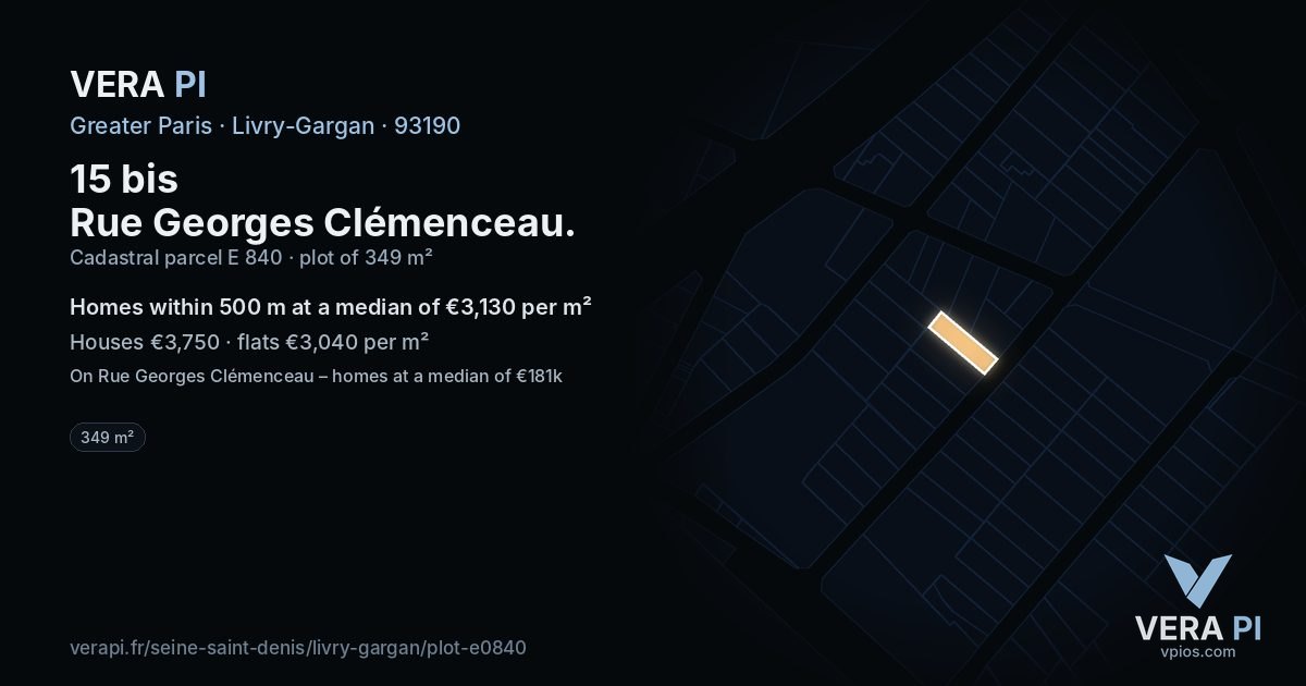 15 bis Rue Georges Clémenceau, Livry-Gargan at night – the plot lit, the parcels around coloured by the prices near them