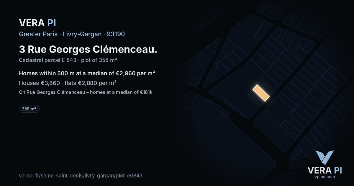 3 Rue Georges Clémenceau, Livry-Gargan at night – the plot lit, the parcels around coloured by the prices near them