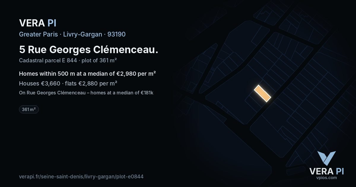 5 Rue Georges Clémenceau, Livry-Gargan at night – the plot lit, the parcels around coloured by the prices near them