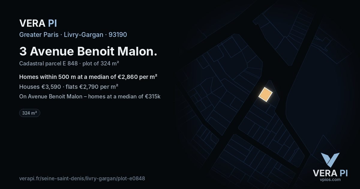 3 Avenue Benoit Malon, Livry-Gargan at night – the plot lit, the parcels around coloured by the prices near them