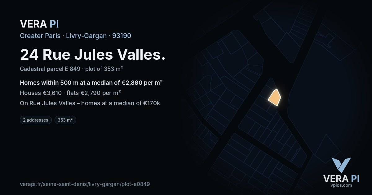 24 Rue Jules Valles, Livry-Gargan at night – the plot lit, the parcels around coloured by the prices near them