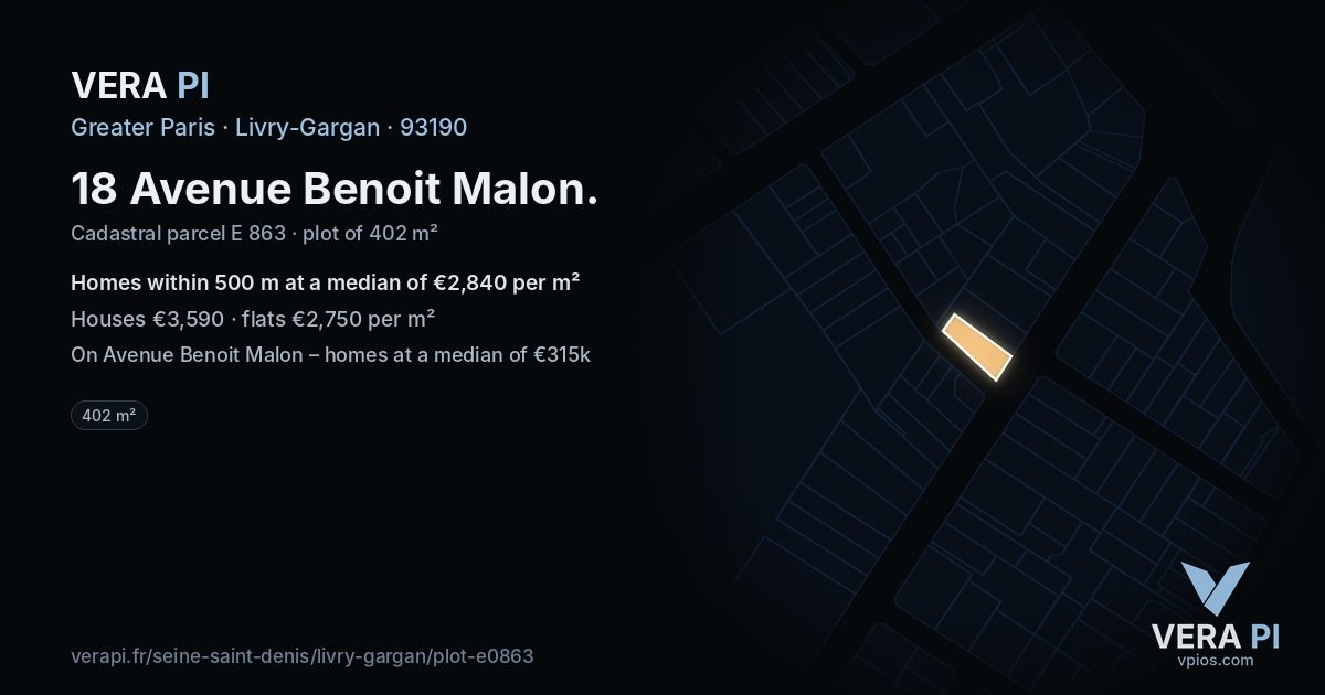 18 Avenue Benoit Malon, Livry-Gargan at night – the plot lit, the parcels around coloured by the prices near them