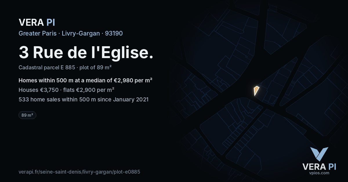 3 Rue de l'Eglise, Livry-Gargan at night – the plot lit, the parcels around coloured by the prices near them