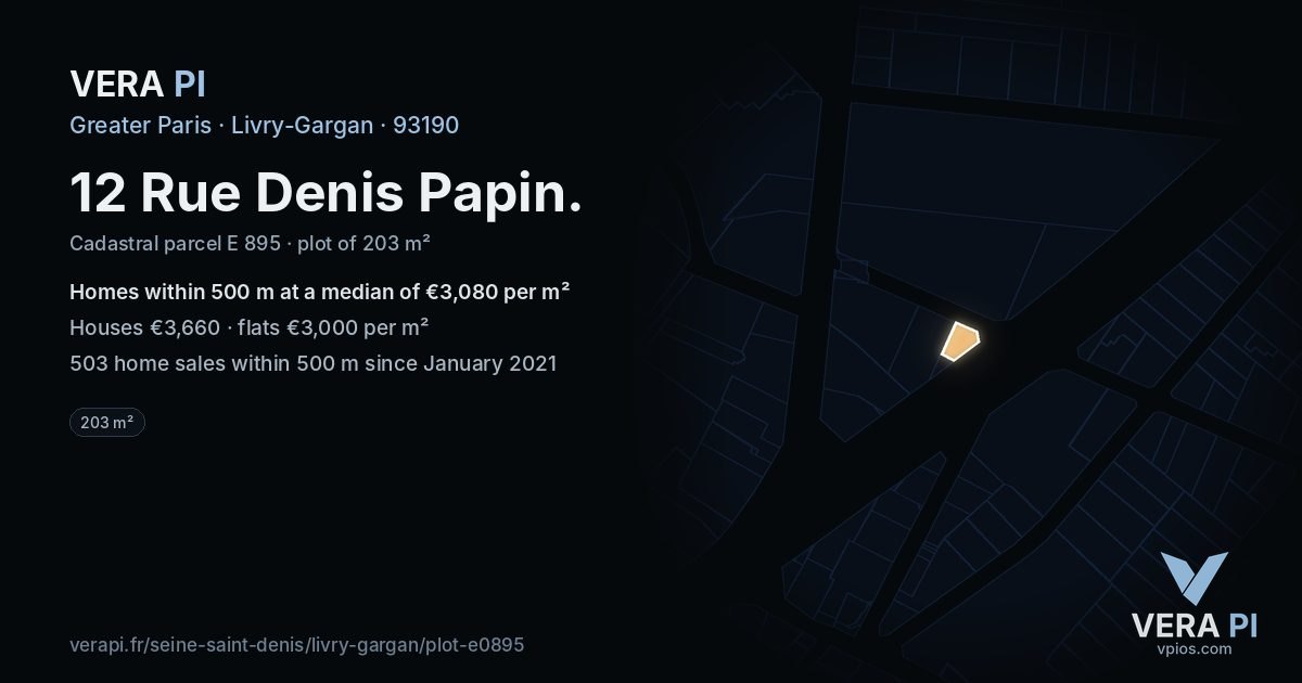 12 Rue Denis Papin, Livry-Gargan at night – the plot lit, the parcels around coloured by the prices near them