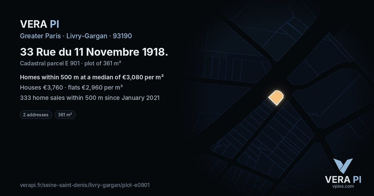 33 Rue du 11 Novembre 1918, Livry-Gargan at night – the plot lit, the parcels around coloured by the prices near them
