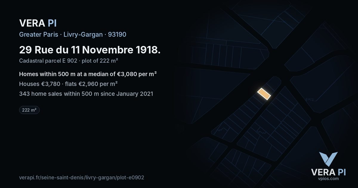 29 Rue du 11 Novembre 1918, Livry-Gargan at night – the plot lit, the parcels around coloured by the prices near them