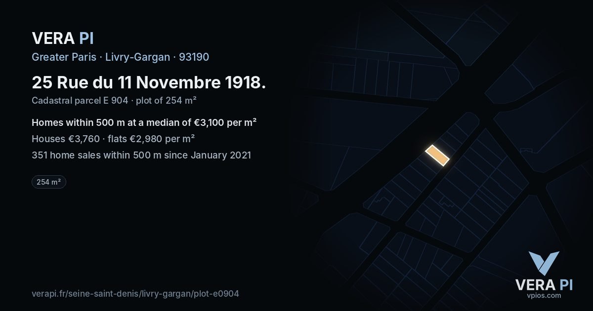 25 Rue du 11 Novembre 1918, Livry-Gargan at night – the plot lit, the parcels around coloured by the prices near them