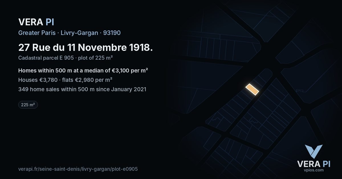 27 Rue du 11 Novembre 1918, Livry-Gargan at night – the plot lit, the parcels around coloured by the prices near them