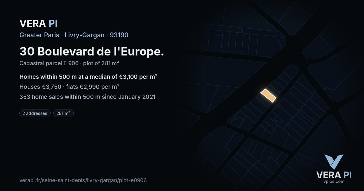 30 Boulevard de l'Europe, Livry-Gargan at night – the plot lit, the parcels around coloured by the prices near them