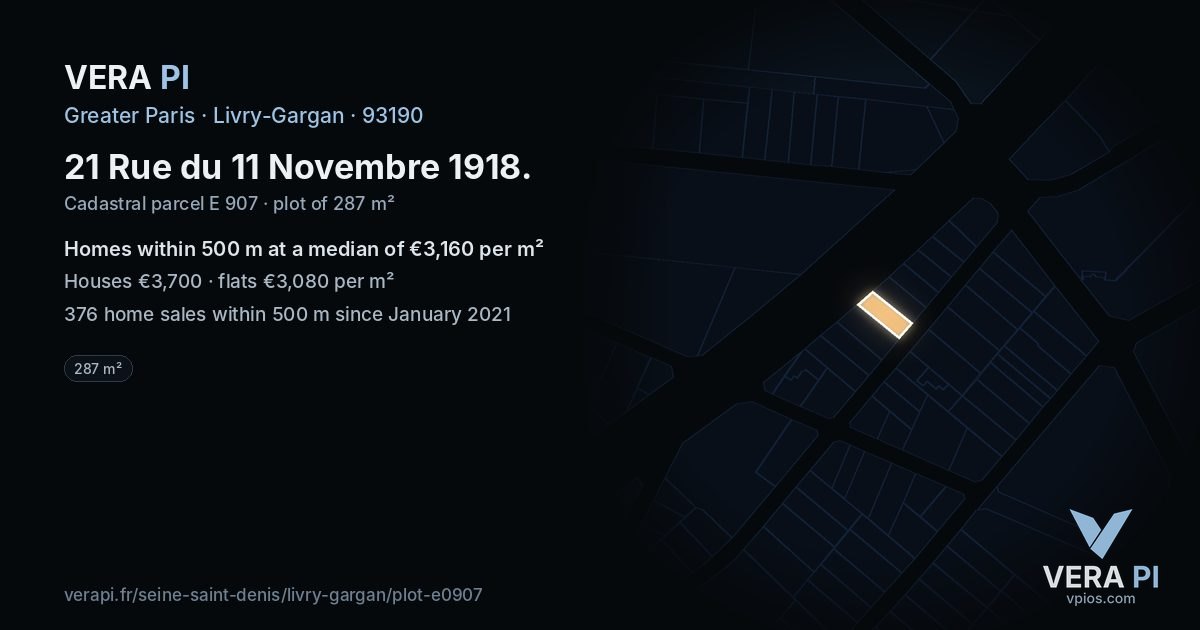 21 Rue du 11 Novembre 1918, Livry-Gargan at night – the plot lit, the parcels around coloured by the prices near them