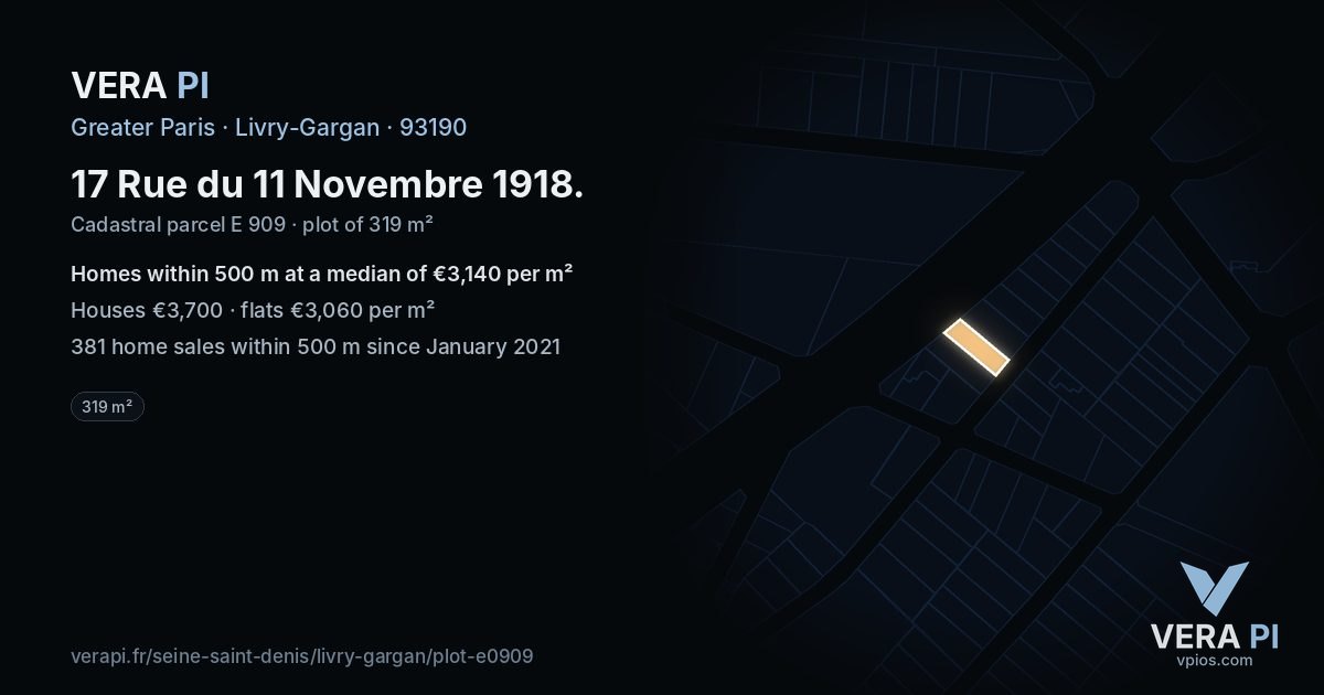 17 Rue du 11 Novembre 1918, Livry-Gargan at night – the plot lit, the parcels around coloured by the prices near them