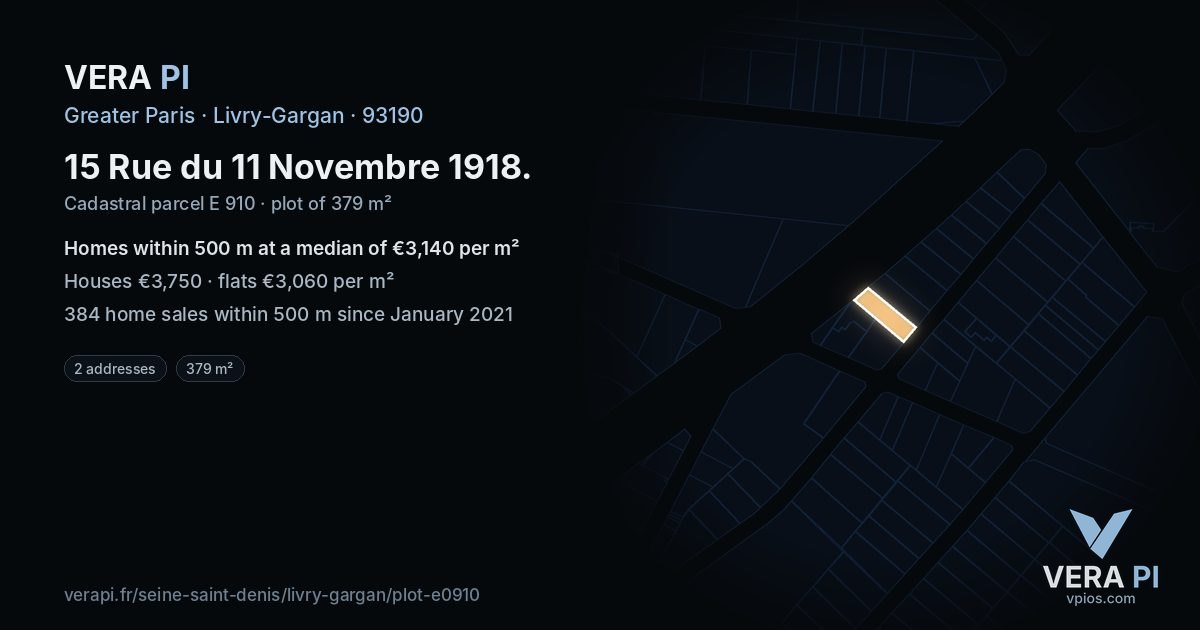 15 Rue du 11 Novembre 1918, Livry-Gargan at night – the plot lit, the parcels around coloured by the prices near them