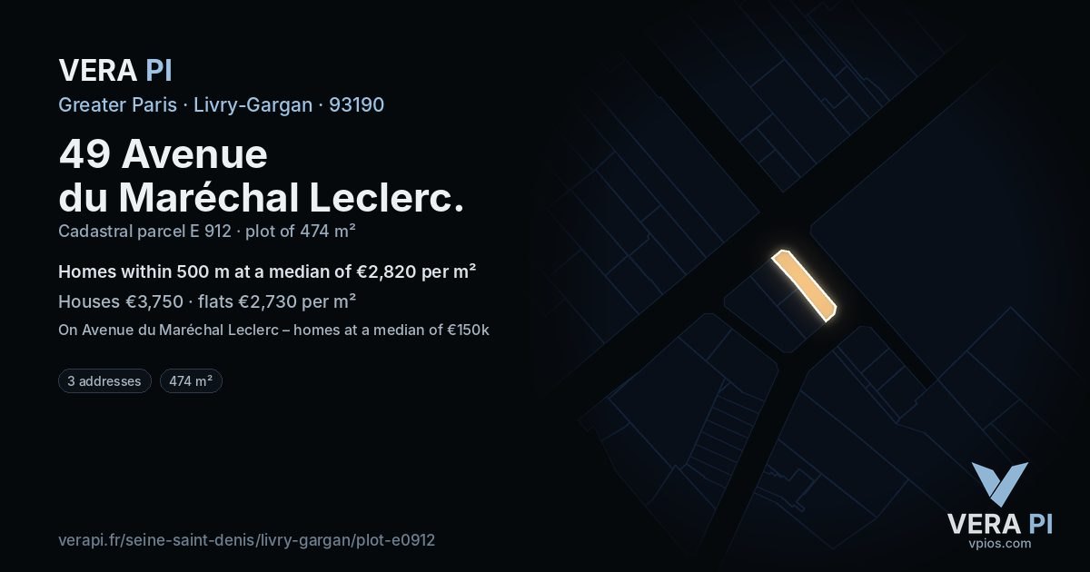 49 Avenue du Maréchal Leclerc, Livry-Gargan at night – the plot lit, the parcels around coloured by the prices near them